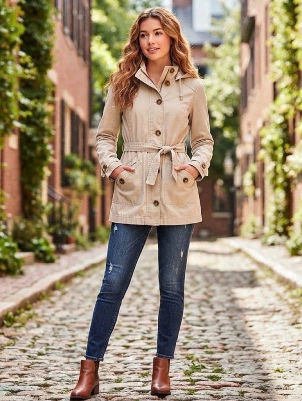 Gap Women's Beige Canvas Utility Trench Jacket Coat Hooded Belted Size Small S